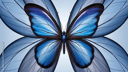 Blue butterfly wings with detailed pattern and symmetrical design isolated on light background