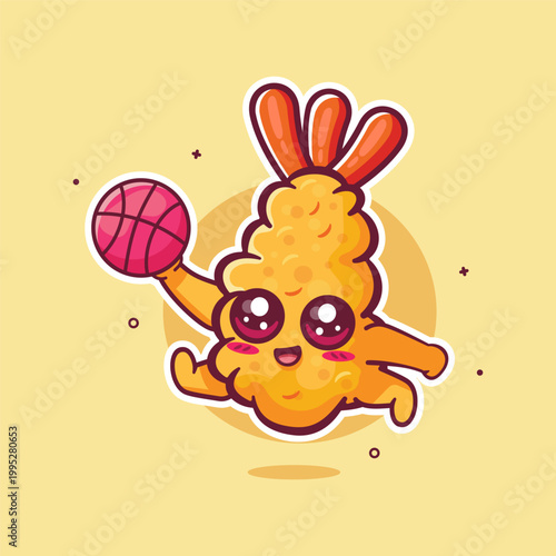 kawaii ebi fry food character mascot playing basketball isolated cartoon