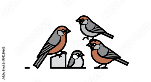 Four Adorable Birds Perched Together in a Group.