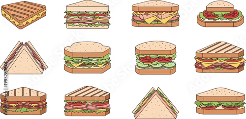Hand drawn sandwich collection with toasted and fresh filled bread variations in colorful flat vector illustration style set