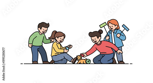 Group of children playing together with toys and having fun.