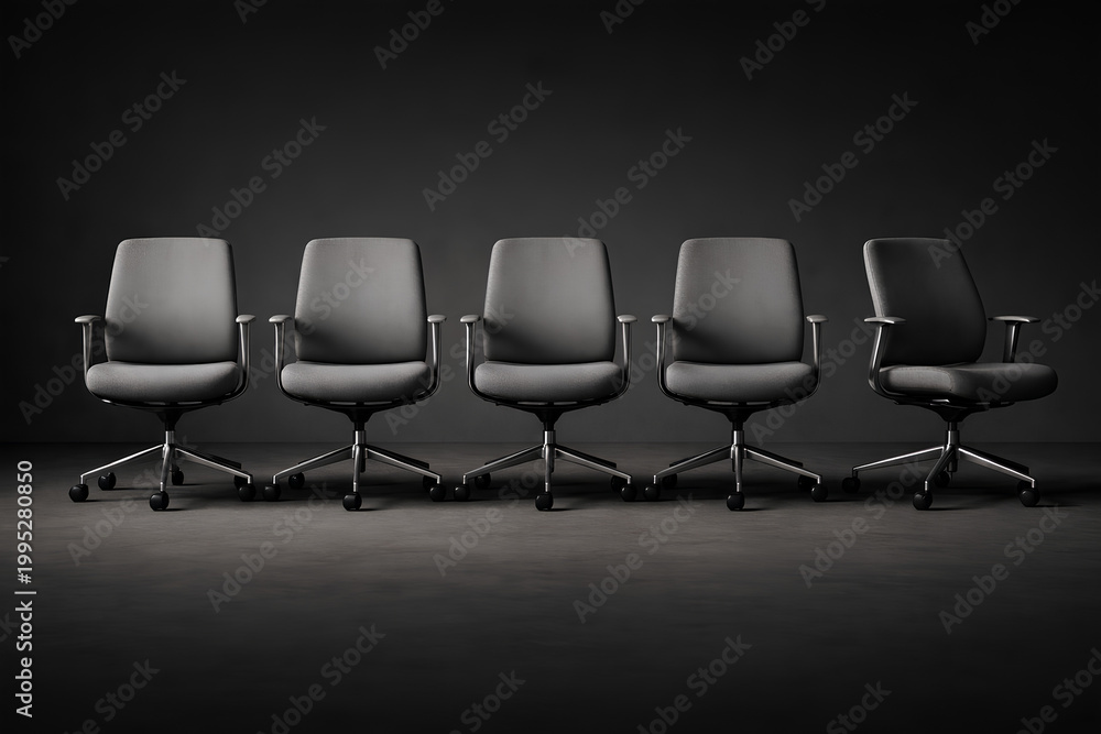 Fototapeta premium Row of modern office chairs in dark setting, symbolizing corporate environment, recruitment, and business concepts.