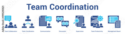 Team Coordination web banner icon set vector illustration concept for business with icon of Team Collaboration, Team Coordination, Communication, Discussion, Supervision, Team Productivi.