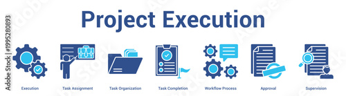 Project Execution web banner icon set vector illustration concept for business with icon of Execution, Task Assignment, Task Organization, Task Completion, Workflow Proce.
