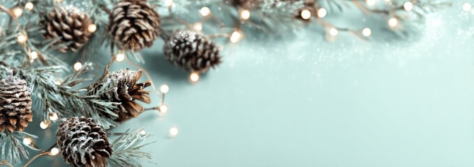 Snowy pine branches and fairy lights on a soft blue background