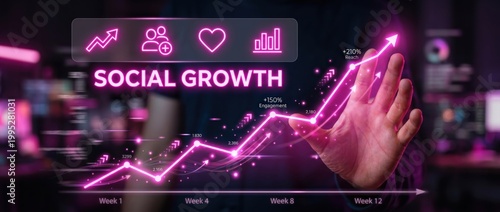 Digital graph showing social media growth and engagement metrics with neon pink accents