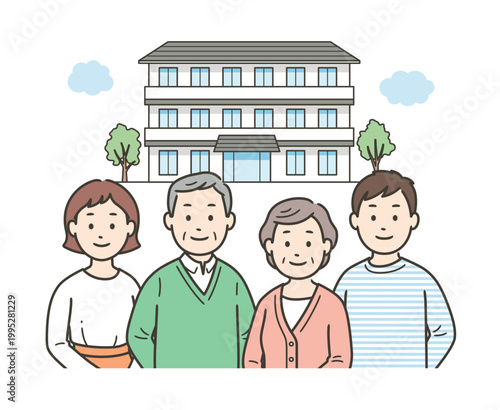 介護施設の前にいる高齢者夫婦と若い夫婦
