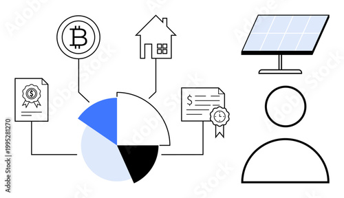 Renewable energy, digital currency, real estate, financial analysis, investment opportunities, certifications. A pie chart, Bitcoin icon solar panel and house. Renewable energy and digital currency