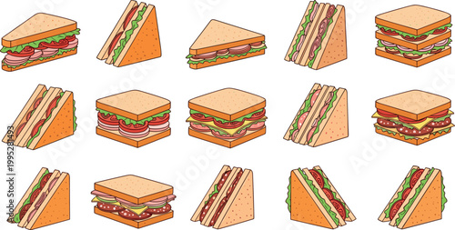 Hand drawn sandwich variations set with layered fillings and triangle slices in colorful flat vector illustration collection for food design