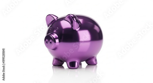 Metallic purple piggy bank on pristine white surface symbolizing modern financial saving and