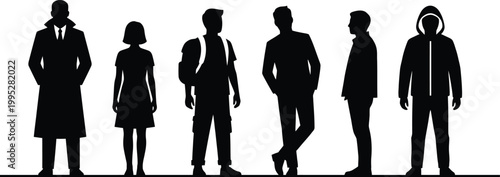 Diverse group of people standing in line silhouettes in black on white background business casual attire
