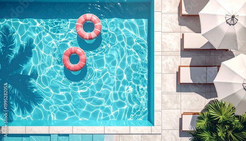 Top-down aerial view of a modern swimming pool with colorful floating rings and surrounding lounge chairs, creating a clean geometric composition perfect for summer and lifestyle themes.