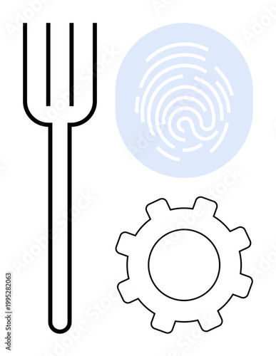 Technology, security systems, food industry, identity, innovation, automation. Simplistic fork, fingerprint and gear icons. s technology and security systems conceptual ideas