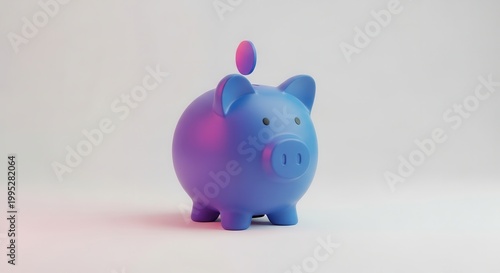 A sleek blue piggy bank illuminated by modern hues receives a single magenta coin for future
