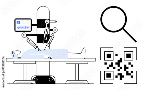 Medical technology, robotic surgery, diagnostics, QR code scanning, precision healthcare, patient care. Robotic arms performing surgery on a patient with QR code and magnifying glass graphics