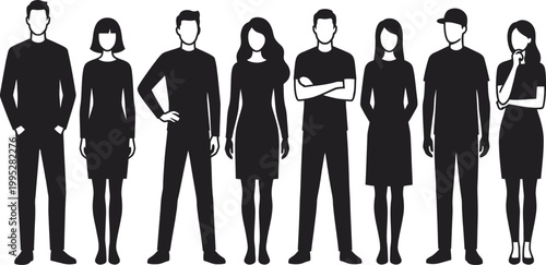 Eight diverse people standing in a row black silhouettes on white background various poses and outfits generic crowd illustration