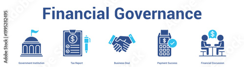 Financial Governance web banner icon set vector illustration concept for business with icon of Government Institution, Tax Report, Business Deal, Payment Succe.