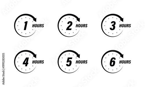Hourly Timer Icons Set 1 to 6 Hours Circular Arrow Clock Symbols Collection