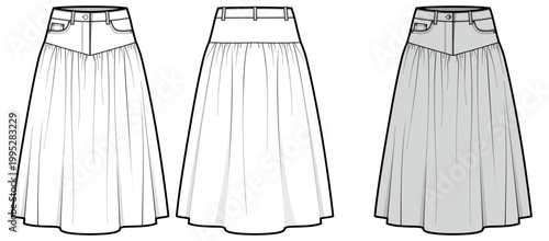 Women Yoke Gathered Skirt Technical Flat Sketch, High Waist A-Line Maxi Skirt Front Back