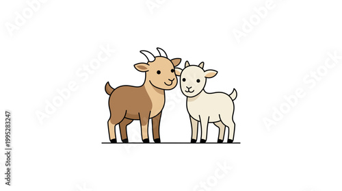 Two Cute Goats Standing Together on a White Background - A Simple and Charming Illustration