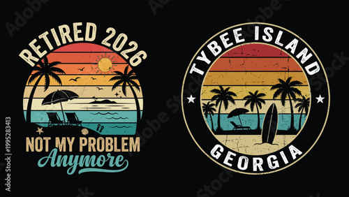 Retirement beach graphics with palm trees and sunset