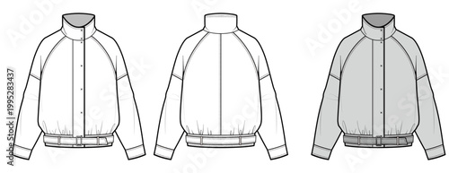 Women High Neck Bomber Jacket Technical Flat Sketch, Belted Raglan Sleeve Jumper Front Back