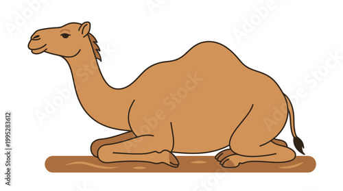 Vector illustration of a tranquil dromedary camel resting peacefully on the desert ground, embodying serene wildlife