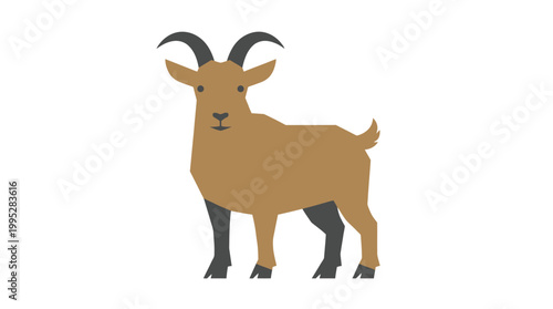 A brown goat with horns and a short tail standing on a white background, isolated illustration
