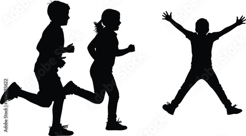 Kids silhouette collection, children running and jumping, happy child activity poses, black shadow isolated on gray background