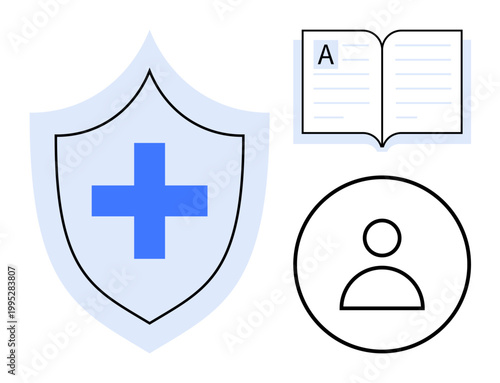 Healthcare, education, personal identity, data security, protection, medical concepts. Blue shield with cross, open book and user icon. Healthcare and data security