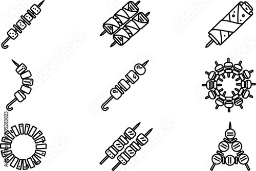 Hand drawn skewer icons set with grilled kebab meat vegetables and wraps arranged in creative circular compositions vector illustration