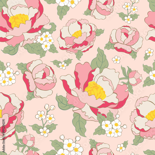 Seamless Peony Floral Pattern Pink, Cream and Red Blooms with Green Leaves on Blush Background