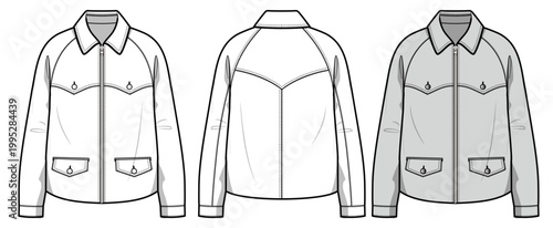 Women Western Yoke Zip-Up Jacket Technical Flat Sketch, Casual Pocket Jumper Front Back