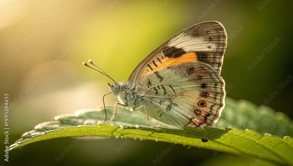 Fototapeta premium Macro Close-Up of Butterfly Resting on Green Leaf