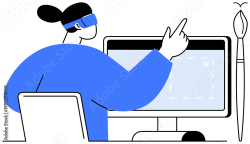 Virtual reality, digital tools, graphic design, artistic process, creative workspaces, technology. Person using VR headset pointing at a monitor with a stylus nearby. Virtual reality and digital