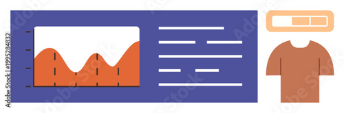 Data analysis, e-commerce, product marketing, fashion analytics, information display, statistics. Graph with fluctuating trend lines and a t-shirt icon with rating bar. Data analysis and e-commerce