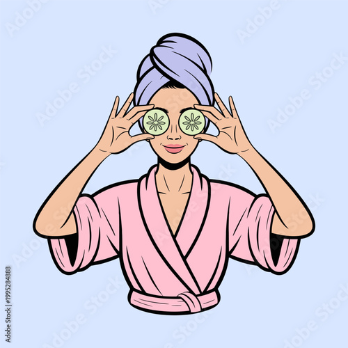 Woman with Cucumber Eye Mask Spa Skincare Self Care Illustration