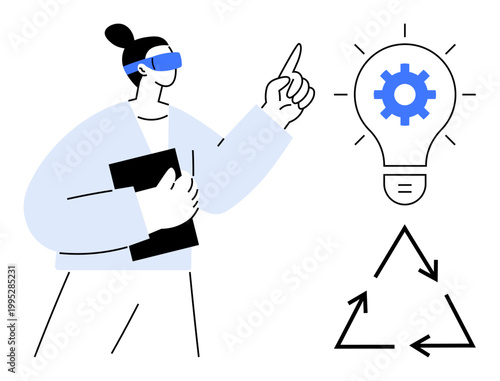 Future innovation, virtual reality, sustainability, eco-friendly solutions, renewable energy, creative ideas. Person in VR headset pointing to a light bulb with gear inside. Virtual reality