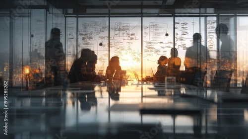 Silhouettes of business people in modern conference room at sunset