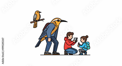 Illustration of a Bird-Man with Children Photographing a Bird.