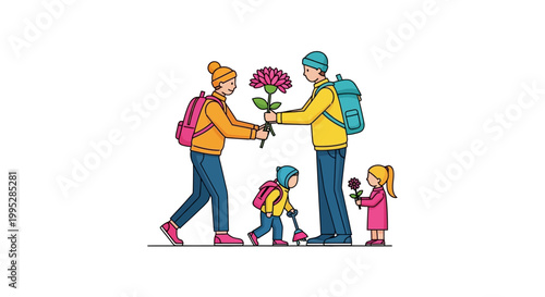 Family exchanging flowers, celebrating love, joy, and togetherness in nature.