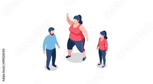 Isometric illustration of a plus-size woman exercising with friends in a group.