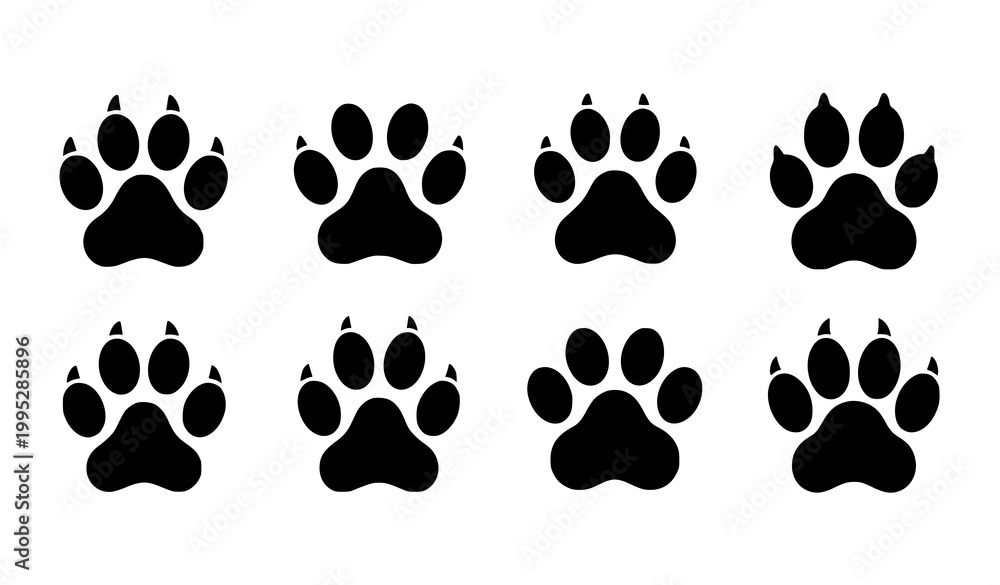 Fototapeta premium Minimal paw print icon set with dog and cat footprints in simple flat vector design