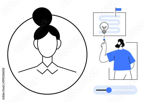 Personal branding, innovation, workflow planning, creativity, teamwork, progress tracking, professional presentation. Female profile in a circle and a person presenting ideas. Personal branding