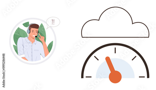Customer experience, tech support, communication services, cloud storage, performance monitoring, speed evaluation. A person speaking through a headset and a cloud with speedometer. Customer