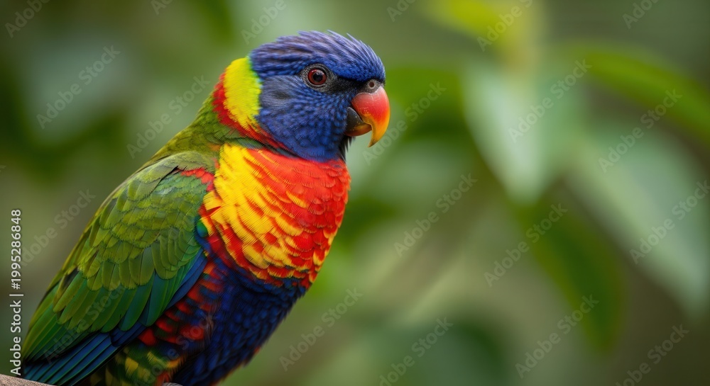 Naklejka premium Vibrant Rainbow Lorikeet Parrot Perched on Branch, Exotic Bird Portrait