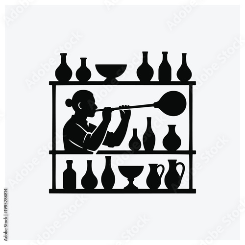 A silhouette illustration of a person smelling and a shelf display of various perfume bottles and containers.