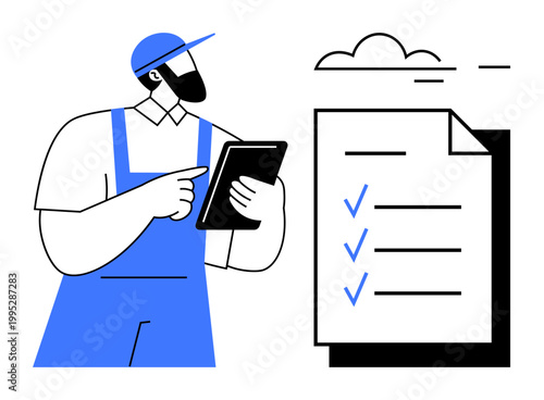 Task management, digital tools, survey completion, workflow optimization, productivity enhancement, progress tracking. A worker using a tablet near a checklist with marked items. Task management