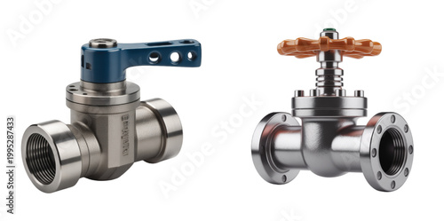 Two metallic industrial valves a ball valve and a gate valve on a white background