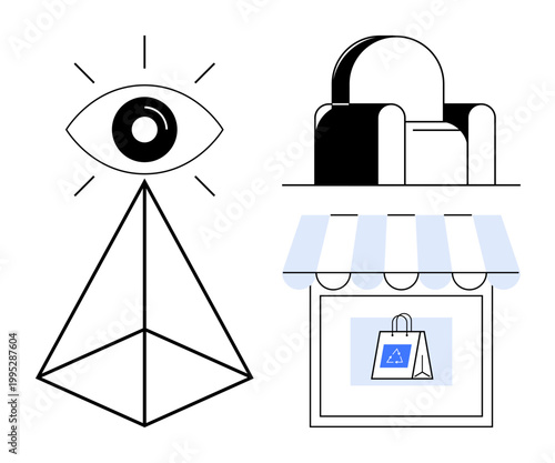 Retail branding, architecture, surveillance, design concepts, creativity, and vision. Eye over geometric pyramid, arched building outline storefront with shopping bag. Retail branding